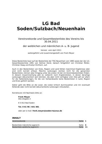 Bestenliste der A-Jugend - LG Bad Soden/Neuenhain Leichtathletik