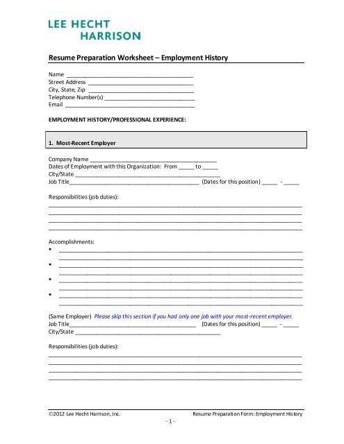 Resume Preparation Form - Lee Hecht Harrison