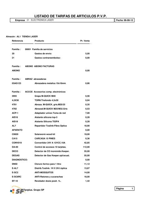 LISTADO DE TARIFAS DE ARTICULOS P.V.P. - Electronica Laser