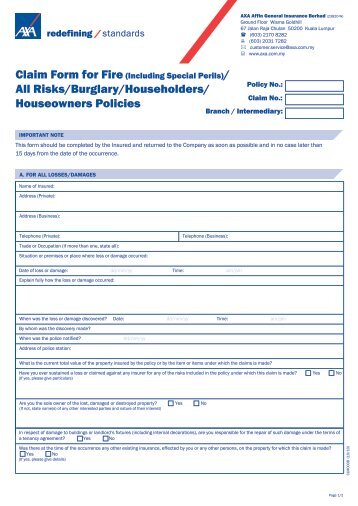 Claim Form - Fire, All Risks, Burglary, Householders ... - Maxis