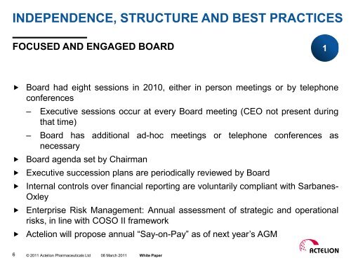 ACTELION'S BOARD OF DIRECTORS: OUR BEST PRACTICES ...