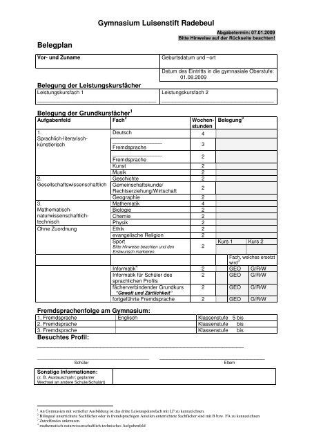 Gymnasium Luisenstift Radebeul Belegplan