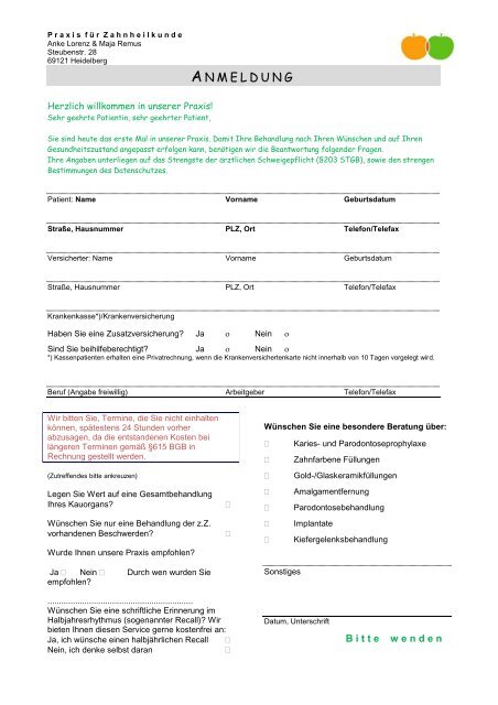 Anamnesebogen zum Download - Zahnarztpraxis Lorenz & Remus