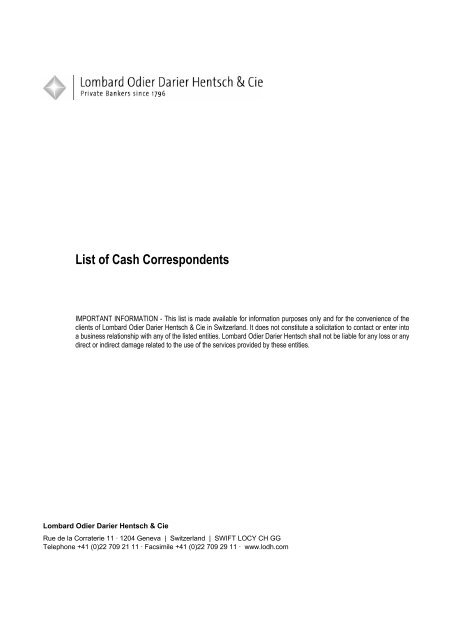 List of Cash Correspondents - Lombard Odier
