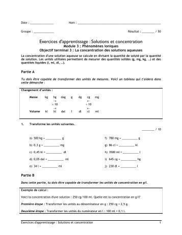 Exercices d'apprentissage : Solutions et concentration - Faculté des ...