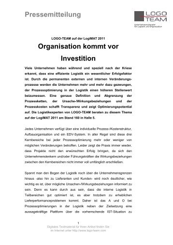 Pressemitteilung Organisation kommt vor Investition - Logo-Team