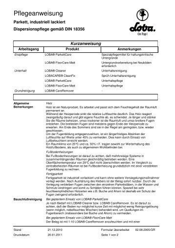 Holz lackiert, Fertigparkett Dispersionspflege - Loba