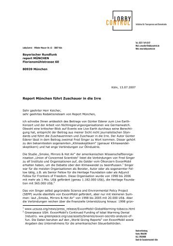 Beschwerdebrief an Report München - LobbyControl