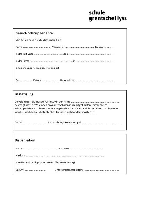 Gesuch Schnupperlehre Bestätigung Dispensation