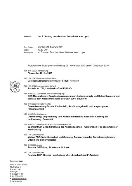 der 9. Sitzung des Grossen Gemeinderates Lyss ... - Gemeinde Lyss