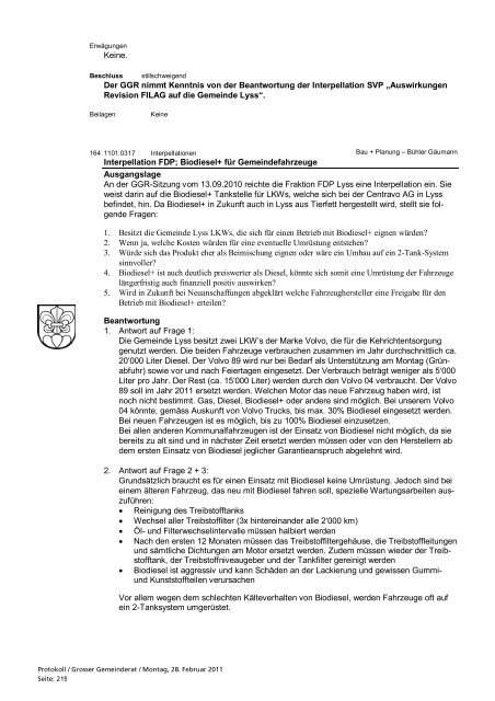 der 9. Sitzung des Grossen Gemeinderates Lyss ... - Gemeinde Lyss