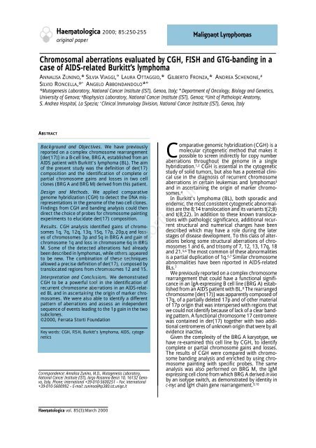 Chromosomal aberrations evaluated by CGH, FISH and GTG ...