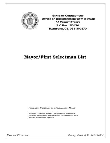 Mayor/First Selectman List - CT.gov