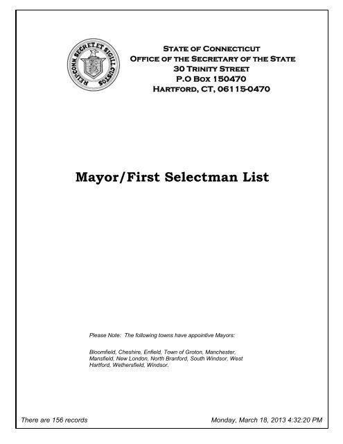 Mayor/First Selectman List - CT.gov
