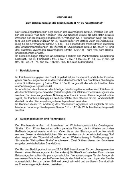 Begründung zum Bebauungsplan der Stadt Lippstadt Nr. 95 ...