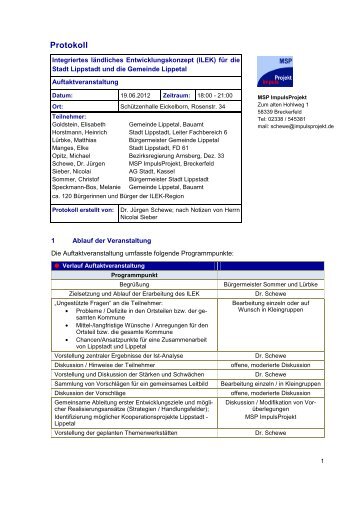 Protokoll der Auftaktveranstaltung 19.06.2012 - Lippstadt