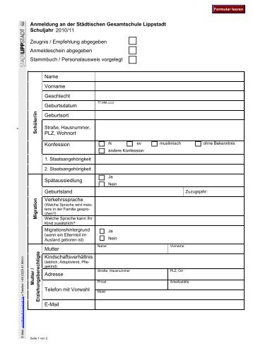 Anmeldung an der Städtischen Gesamtschule Lippstadt