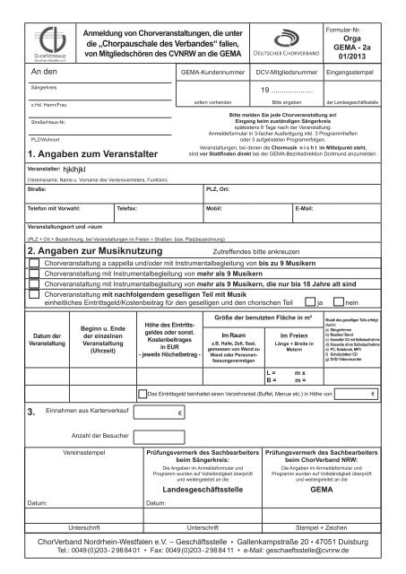 GEMA-Meldeformular für Chor-Veranstaltungen - Lippischer