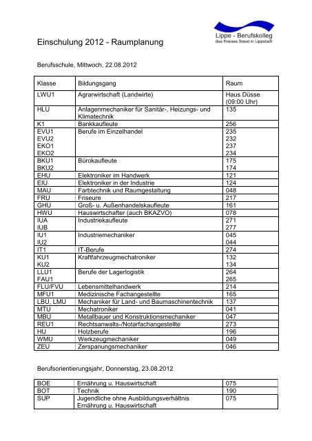 Einschulung 2012 - Raumplanung - Lippe Berufskolleg