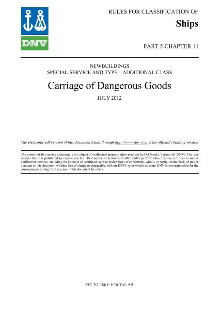 Ship rules Pt.5 Ch.11 - Carriage of Dangerous Goods - DNV Exchange