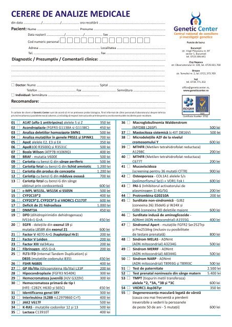 Vezi lista completa a analizelor! - Genetic Center