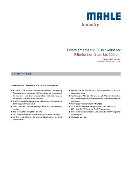 Filterelemente für Flüssigkeitsfilter - MAHLE Industry - Filtration