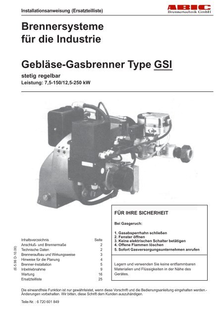 Brennersysteme für die Industrie Gebläse-Gasbrenner Type GSI stetig