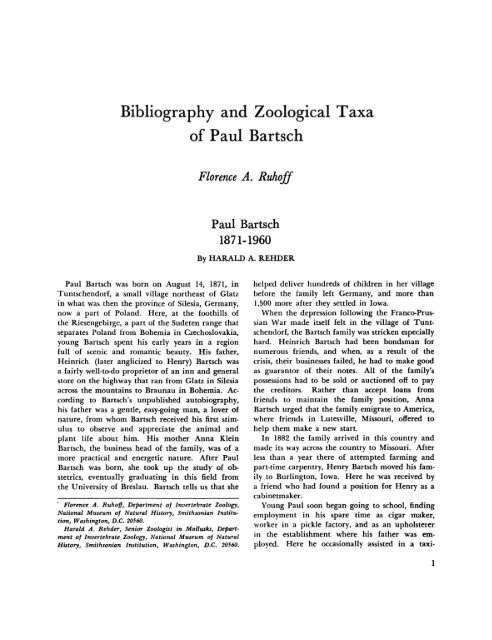 Bibliography and Zoological Taxa of Paul Bartsch - Smithsonian ...