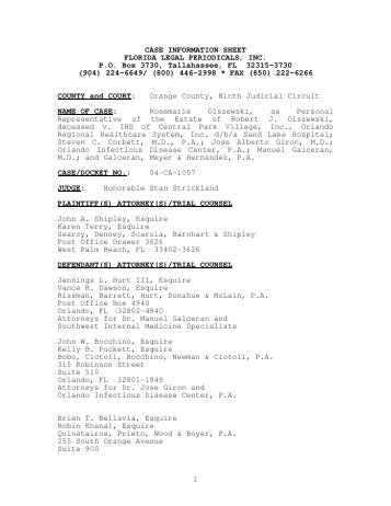 1 CASE INFORMATION SHEET FLORIDA LEGAL PERIODICALS ...