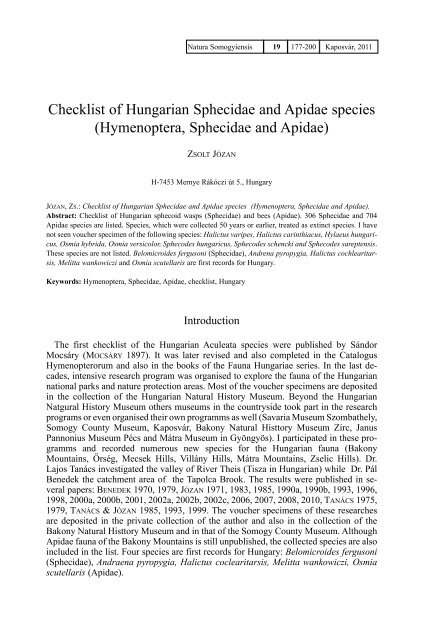 Checklist of Hungarian Sphecidae and Apidae species - Somogy ...