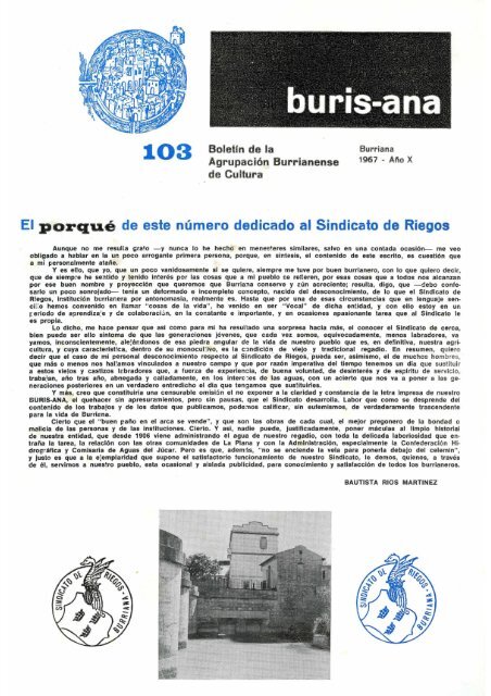 El porqué de este número dedicado al Sindicato de Riegos - burriana