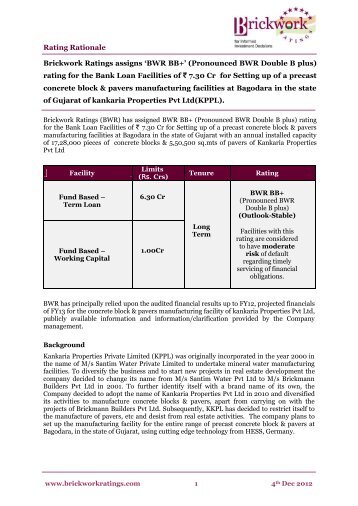 rating for the Bank Loan Facilities of - Brickwork Ratings