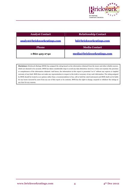 rating for the Bank Loan Facilities of - Brickwork Ratings