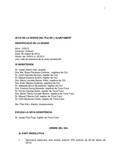 Ple ordinari del dia 25 d'abril de 2012 - Ajuntament de tona