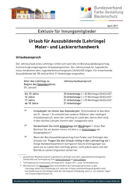 Urlaub für Auszubildende (Lehrlinge) Maler- und Lackiererhandwerk