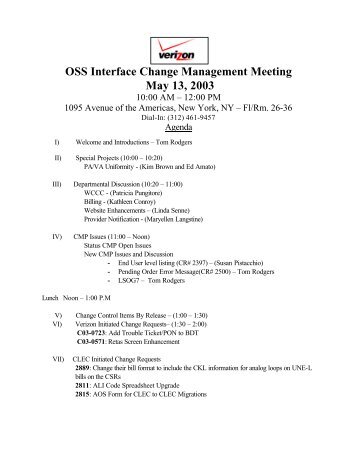 OSS Interface Change Management Meeting May 13, 2003 - Verizon