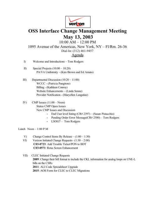 OSS Interface Change Management Meeting May 13, 2003 - Verizon