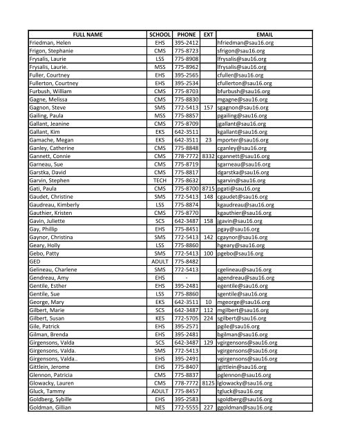 Contact Staff Directory - SAU 16