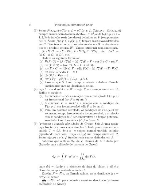 LISTA DE EXERCÍCIOS SOBRE TEOREMA DE GREEN, FLUXO ...