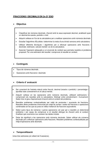 FRACCIONS I DECIMALS EN 2n D' ESO • Objectius • Continguts ...