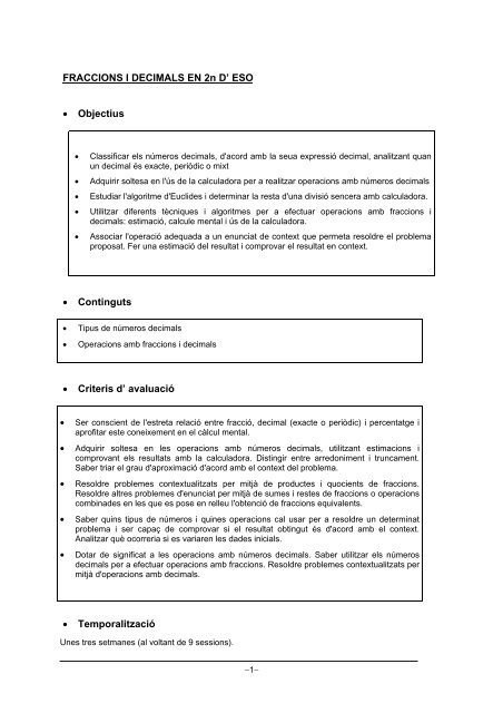 FRACCIONS I DECIMALS EN 2n D' ESO • Objectius • Continguts ...