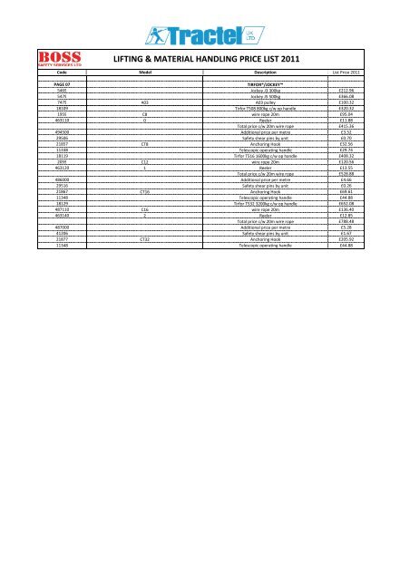 Lifting & material handling price list 2011 - Boss Safety Services