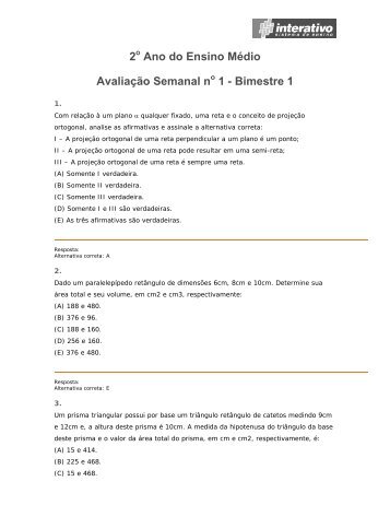 2 Ano do Ensino Médio Avaliação Semanal n 1 - Bimestre 1