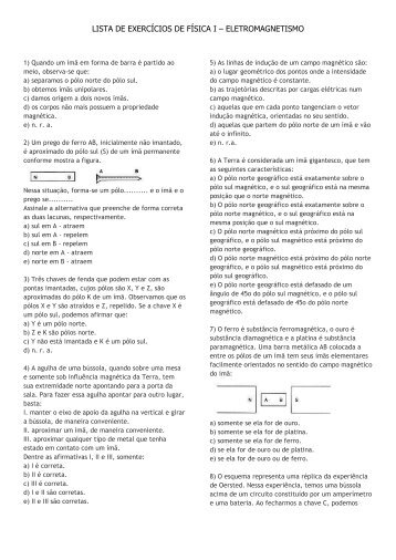 LISTA DE EXERCÍCIOS DE FÍSICA I – ELETROMAGNETISMO