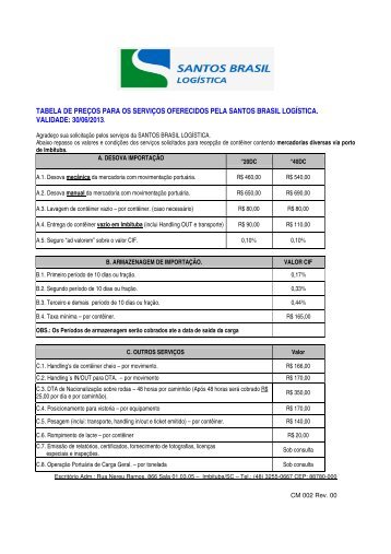 tabela de preços para os serviços oferecidos pela santos brasil ...