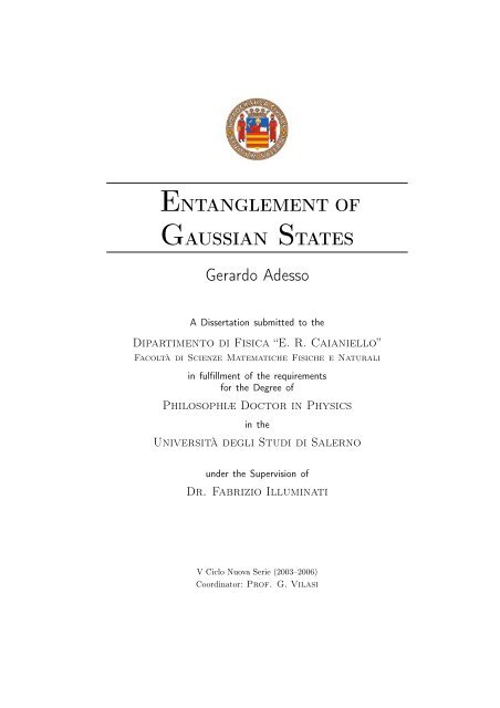 ENTANGLEMENT OF GAUSSIAN STATES Gerardo Adesso