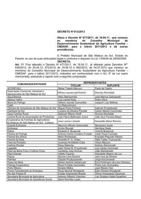 Altera o Decreto N° 477/2011, de 16.04 - Prefeitura Municipal de ...