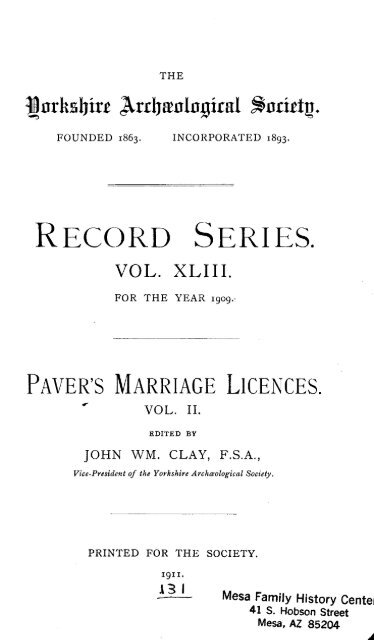 Yorkshire Archaeological Society, Record Series V. XLIII, Paver's ...