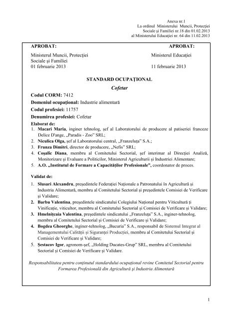 Standardul Ocupațional Pentru Profesia Cofetar Anexa Nr 1