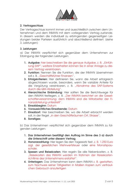 Muster-Vertrag: Interim Manager und UNTERNEHMEN - Manatnet